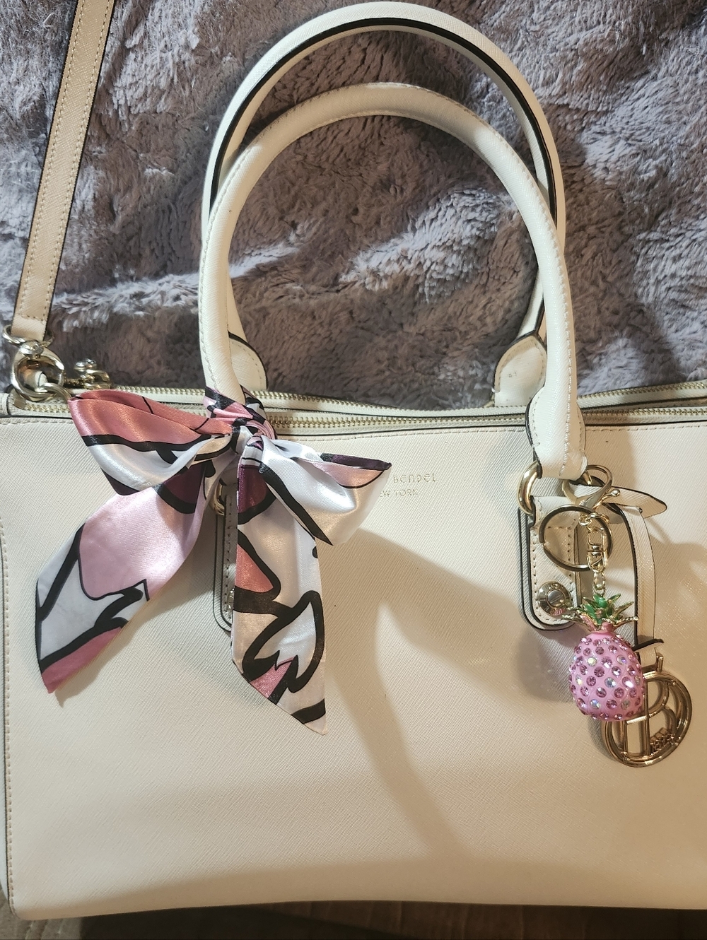 Henri Bendel Off White Saffiano Leather Structured Dual Handle Tote W Strap, EUC